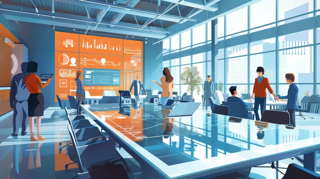 A-vibrant-and-technologically-advanced-office-space-with-a-diverse-team-of-professionals-interacting-around-a-central-digital-table-displaying-interactive-data