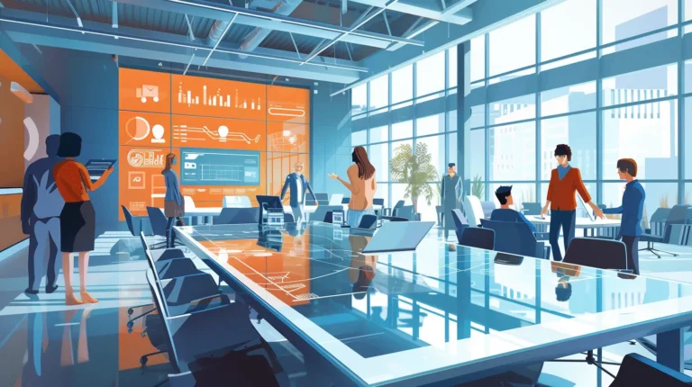 A-vibrant-and-technologically-advanced-office-space-with-a-diverse-team-of-professionals-interacting-around-a-central-digital-table-displaying-interactive-data