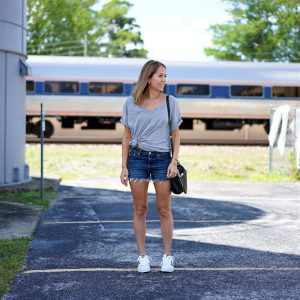 Gray+v-neck+tee-+Levi's+denim+shorts-+Adidas+sneakers